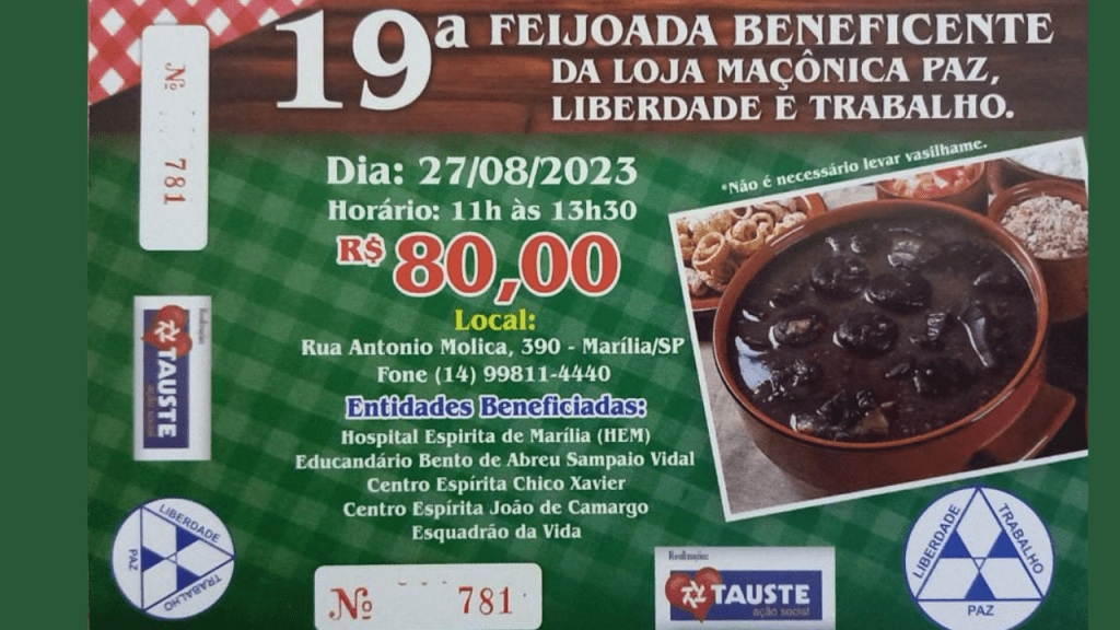 Neste domingo(27) tem a 19ª Feijoada Beneficente da Loja Maçônica Paz, Liberdade e&nbsp;Trabalho