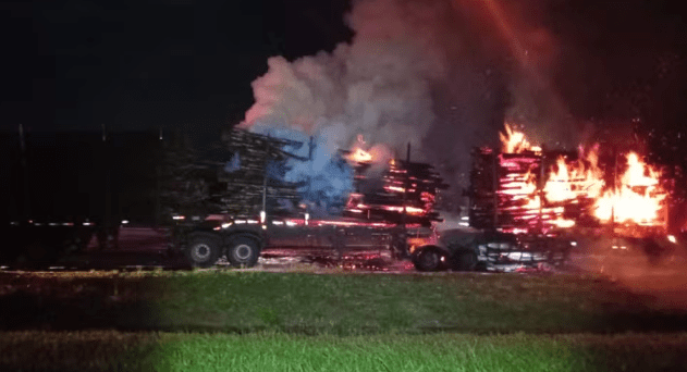 Carreta pega fogo e carga de 70 toneladas de madeira é consumida pelas chamas em rodovia da&nbsp;Região