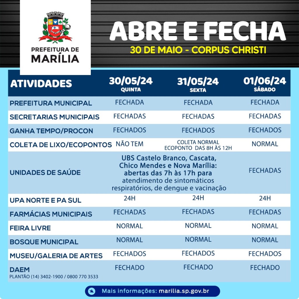 O que abre e o que fecha neste feriado prolongado em&nbsp;Marília