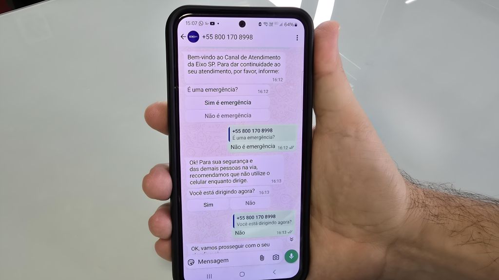 Motorista agora pode solicitar atendimento da Eixo SP pelo&nbsp;Whatsapp