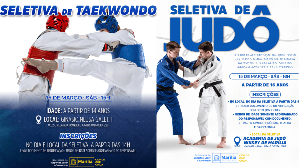Secretaria de Esportes realiza seletiva de Judô e Taekwondo no próximo dia 15 de&nbsp;março